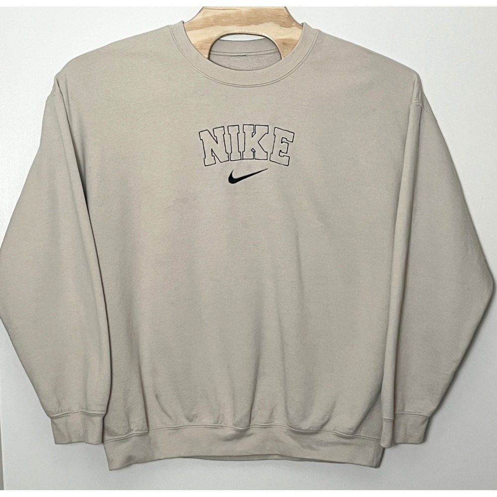 Vintage Nike Crewneck Sweatshirt Men's XL Beige Tan Spellout Embroidered 90s